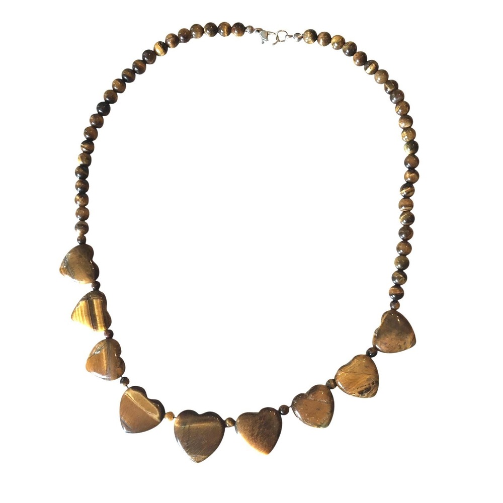 Tigers‎ Eye Heart Gemstone Beaded Necklace OS Brown